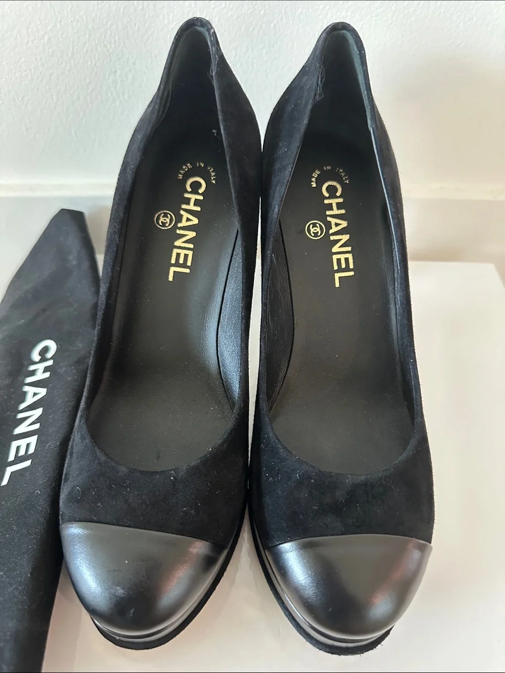 CHANEL Black Suede Cap-Toe Block Heel Pumps